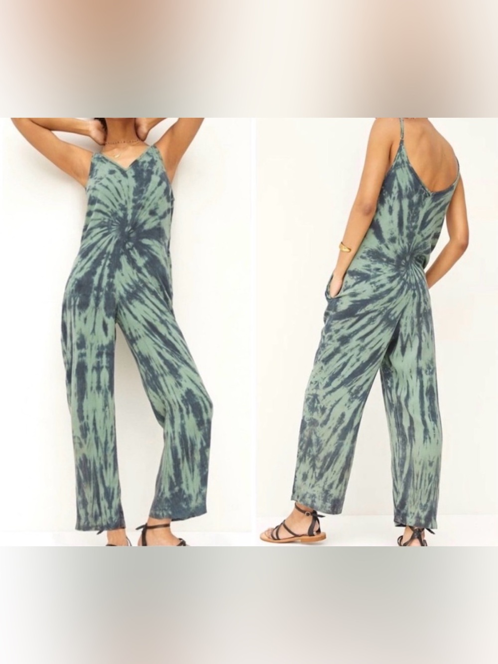 Cloth & Stone Anthropologie Green Tie-Dye Overall Jumpsuit Size Small 100% Tence